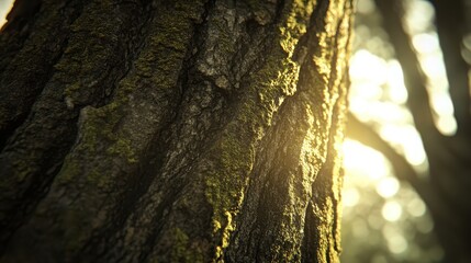 Close-Up View of Tree Bark with Light and Texture in Forest Setting