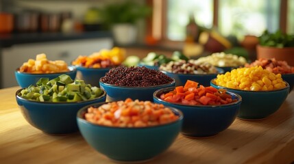 Colorful Assorted Vegetables and Grains in Bowls on Wooden Table