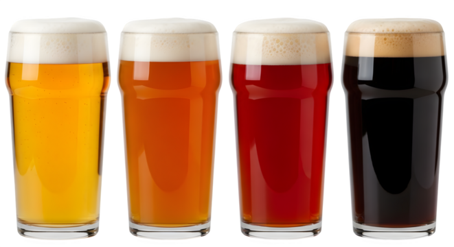 Row of Four Full Glasses of Different Beers, with Frothy Heads on transparent background - Powered by Adobe