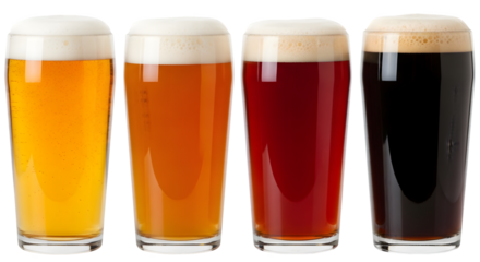 Row of Four Glasses of Different Colored Beers with Frothy Heads on transparent background