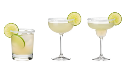 Three margarita cocktails with lime garnish and salted rims, refreshing drinks on transparent background