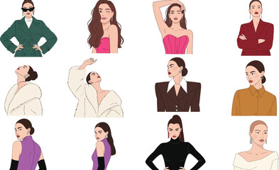 Fashion illustration collection of stylish women in various outfits and poses art