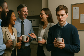 Office workers gather cheerfully with coffee mugs while one man stands apart, highlighting social isolation amid coffee break culture.
