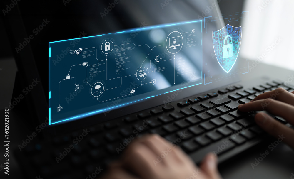 Wall mural cyber security protects against breaches, hacks, and network attacks using strong infrastructure and