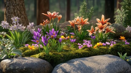 Colorful Floral Arrangement in Serene Forest Setting with Stones