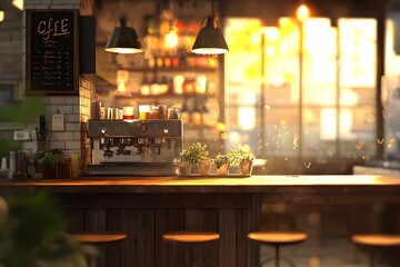 A warmly lit cafe interior with espresso machine, bar stools, and menu chalkboard visible on wall