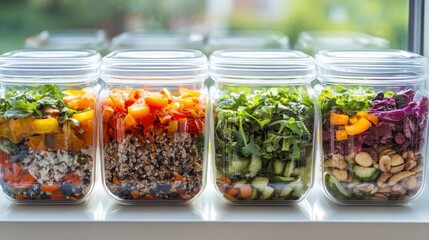 Colorful Fresh Vegetables and Grains in Glass Storage Containers