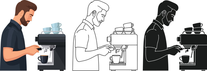 Illustration of barista making coffee with espresso machine in different styles