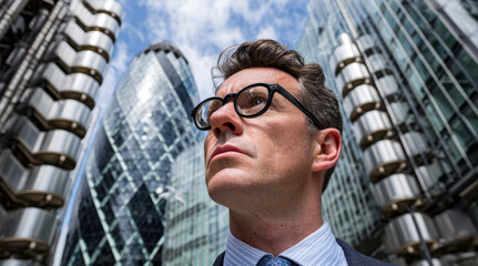 Professional businessman with glasses looking up at modern glass skyscrapers. Corporate executive in suit and tie surrounded by tall office buildings. Urban financial district architecture.