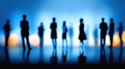 Business people silhouettes at corporate meeting. Blurred professional group with blue orange bokeh lights background. Abstract team collaboration concept for networking events.