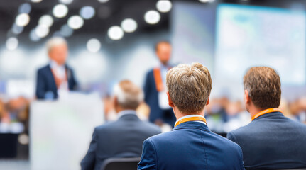 Obraz premium Business conference audience listening to corporate presentation. Professional attendees in suits at seminar with orange lanyards. Executive meeting with blurred speakers on stage background.