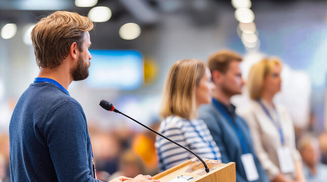Professional businessman delivering presentation at corporate conference with microphone at podium. Business executive speaking to audience during seminar meeting. Male speaker addressing colleagues - Powered by Adobe