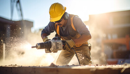 Trabajador de la construcción operando martillo neumático en una obra

