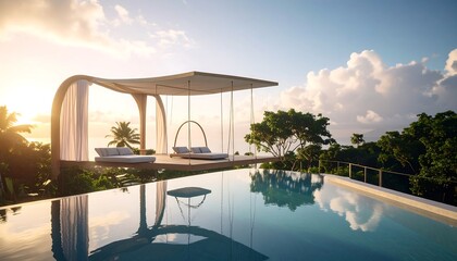 Fototapeta premium Relaxing by Tropical Pool with Pergola and Daybeds at Sunset