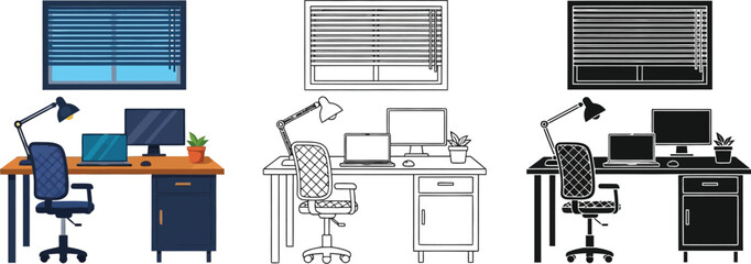 Office desk setup vector illustration for remote work and home office design ideas
