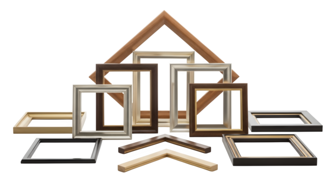 Collection of Assorted Wooden Picture Frames, for Art Display and Decoration on transparent background