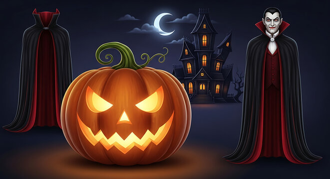 A halloween scene with a jack o lantern, vampire, cape, haunted house, and moonlit night sky background ai generated - Powered by Adobe