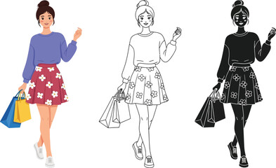 Woman shopping vector illustration fashion girl with bags in different styles art