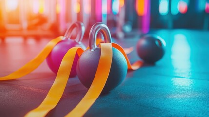 Colorful Kettlebells with Resistance Bands in Modern Gym Environment