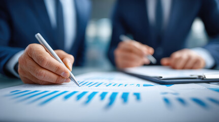 Fototapeta premium Business professional analyzing financial charts and graphs with pen, reviewing data statistics on paper documents. Corporate analytics workspace for investment planning, market research, economic