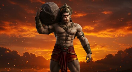 Hanuman, the mighty hindu god, powerfully carries a large mountain rock on his shoulder against a dramatic backdrop of fiery skies and cosmic dust