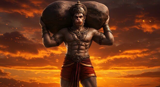 Hanuman, the mighty hindu god, powerfully carries a large mountain rock on his shoulders against a dramatic backdrop of fiery skies and cosmic dust