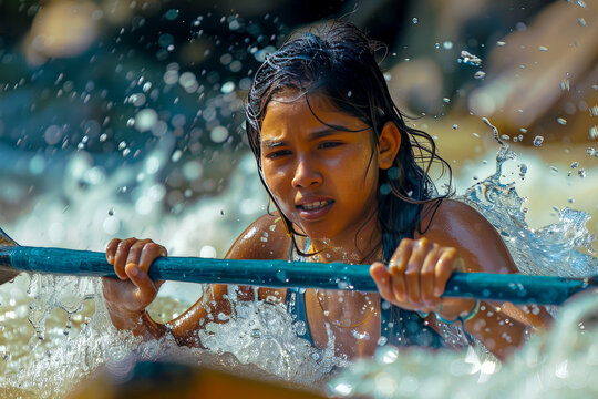 With unwavering resolve, an Indian girl faces each rapid with determination and courage, her paddling skills matched only by her fearless spirit. 