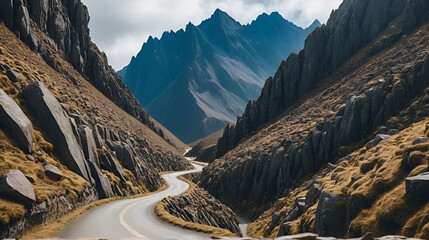 Shot of a narrow rocky zigzag road in montane landscapes with many peaks