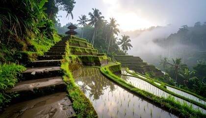 Fototapeta premium Rice Terraces with Steps and Temple in Misty Landscape