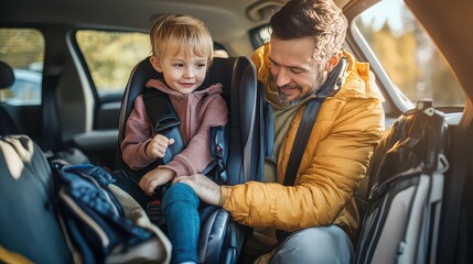 A father securing his child in a car seat before a trip on a sunny day with a backpack nearby inside the car
