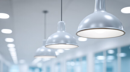 Modern pendant lighting fixtures illuminate contemporary office workspace. Sleek chrome and glass ceiling lights create bright, professional atmosphere in corporate interior design. Clean minimalist