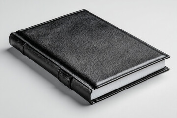 Obraz premium Closed black leather bound book with white pages resting on a white table