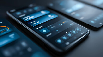 Close-up of a mobile phone screen displaying a futuristic 3D banking app interface