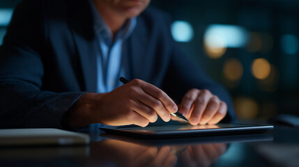 Professional working on laptop at a glossy black desk with stylus interaction