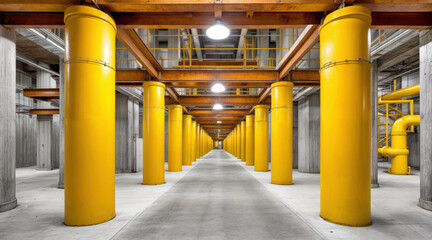 Underground tunnel corridor with yellow support columns and concrete structure. Industrial infrastructure passage with repetitive pillars, utility lighting, geometric perspective in basement facility.