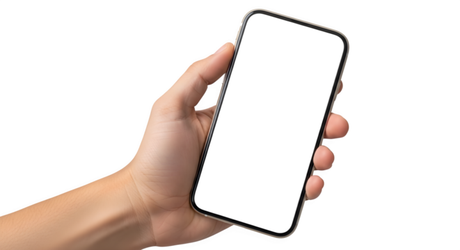 Hand Holding a Modern Smartphone with a Blank Screen, for App or Website Use on transparent background
