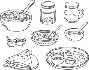Hand drawn sketch of indian food dishes and condiments