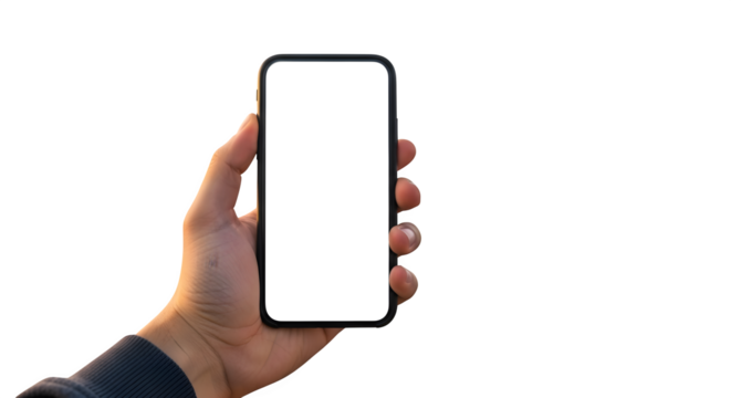Hand Holding a Modern Mobile Phone with a Blank Screen, for Easy Placement on transparent background
