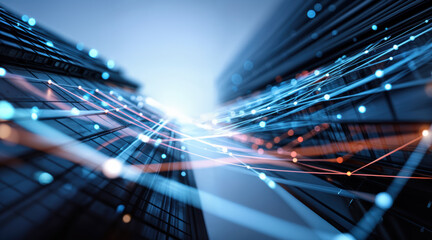 Fototapeta premium Fiber optic cables with glowing data transmission lights and network connectivity effects. Digital infrastructure featuring speed internet pathways, telecommunications grid, and bright signal nodes.
