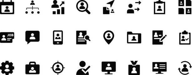 Human resource icon pack, business pictograms of profile, job hiring, id card, analysis, settings, recruitment