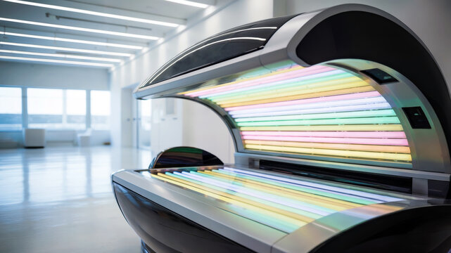 Trendy beauty studio with a high-tech collarium, minimal design and glowing light reflect new trends in skincare, concept of skincare