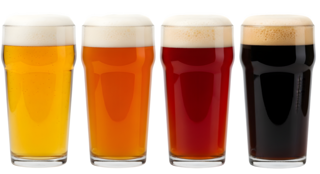 Row of Four Full Glasses of Different Beers, and Ready for Your Design on transparent background - Powered by Adobe