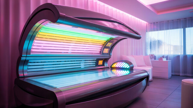 Modern collarium with glowing pink and neon lights inside a stylish futuristic studio, space for advanced skin treatment, concept of skincare