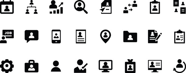 Human resource business icons set, black solid pictograms of user profile, resume, recruitment, id card, team, analysis