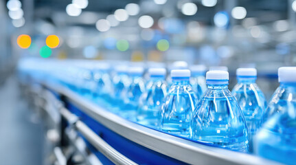 Blue plastic water bottles on industrial conveyor belt production line. Automated bottling factory machinery for beverage manufacturing. Mass facility with modern packaging equipment and quality