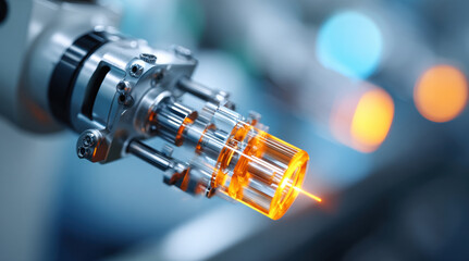 Medical syringe with orange liquid medicine. Healthcare injection equipment for vaccine, treatment, therapy. Professional pharmaceutical instrument with amber serum. Clinical precision technology.