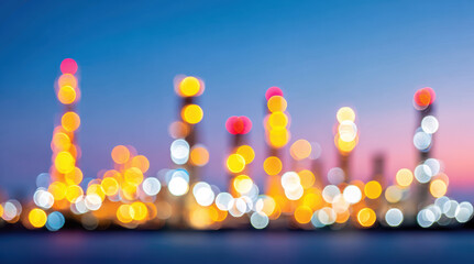 Colorful bokeh lights blur against twilight sky. Golden, yellow, white circles create dreamy abstract pattern. Urban night illumination with warm, cool tones. Perfect festive, holiday, christmas