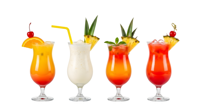 Row of Refreshing Tropical Cocktails, Featuring Orange, Pineapple on transparent background