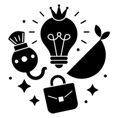 Playful black-and-white vector illustration of a whimsical horse with dots, surrounded by stars, a bird, a globe, and travel icons in a surreal, minimalist style