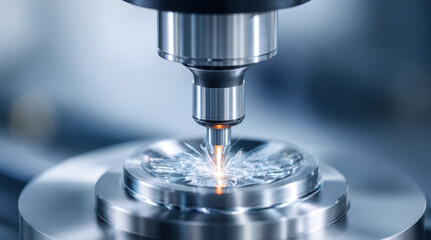 Precision cnc machining center performs metal cutting operation with bright sparks flying. Advanced manufacturing technology demonstrates industrial automation and engineering excellence in modern